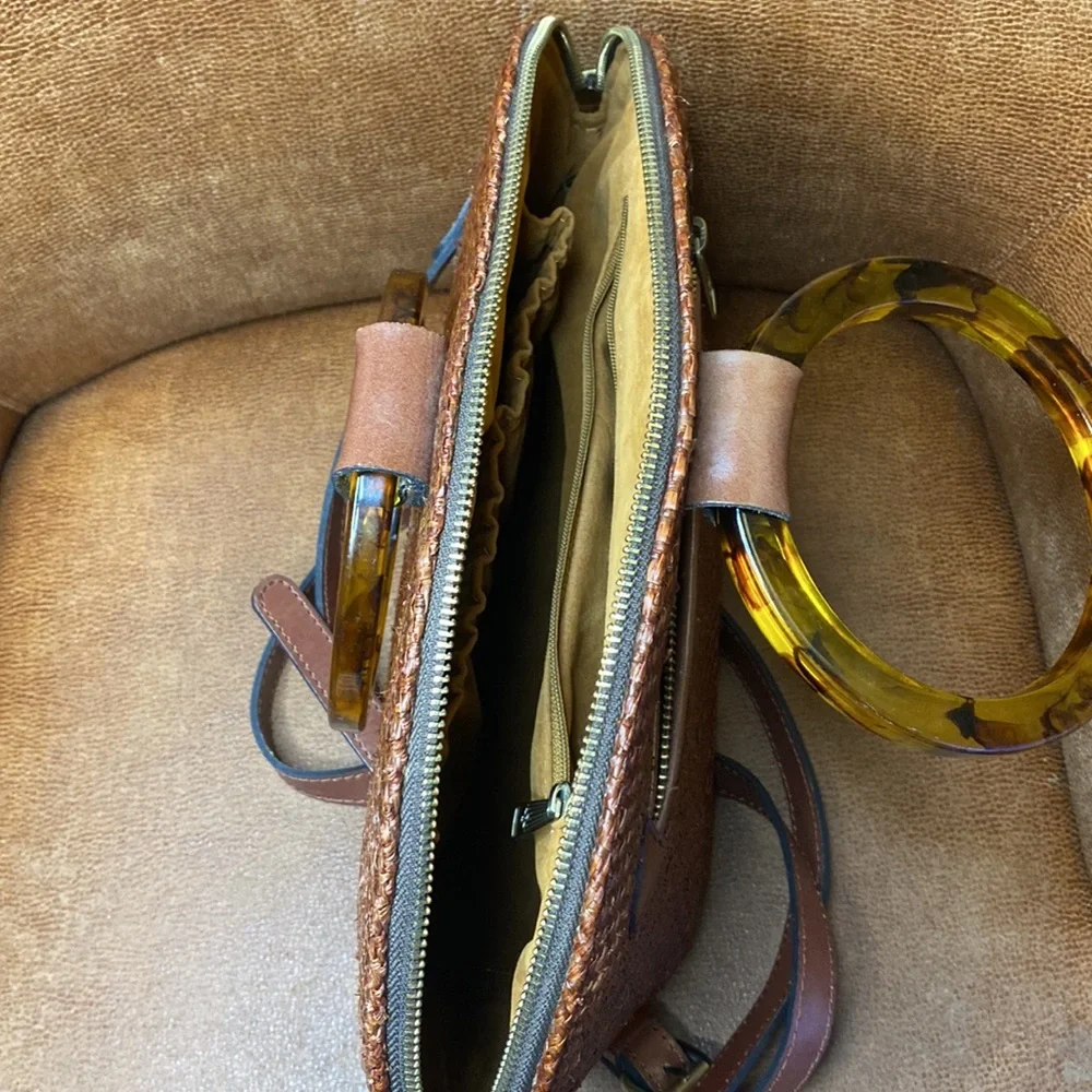 Patricia Nash Brown Woven Dome Bag with Tortoiseshell Ring Handles
